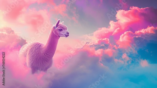 Gentle alpacas roam on rainbow-hued clouds, their fur shimmering with the colors of the sky, in a dreamy, surreal world photo
