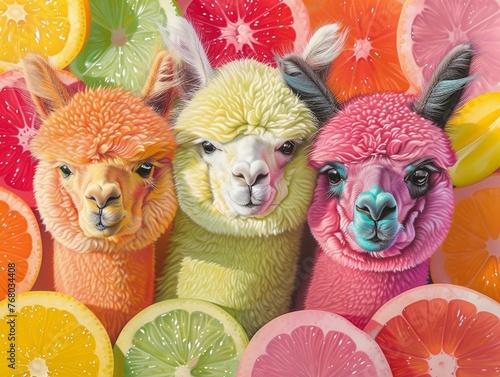 Smooth airbrush art of Alpacas against a backdrop of sliced fruits, with 1980s vibrant neon colors and soft shadows