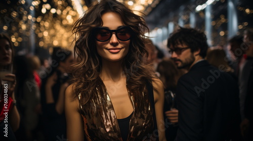 Woman in sequin dress with sunglasses at party. Nightlife and celebration concept. Design for poster, banner.