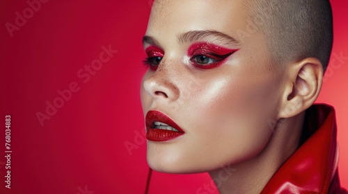 Fashion forward  bold makeup  embracing alopecia  studio lighting  sharp detail  editorial style   close-up