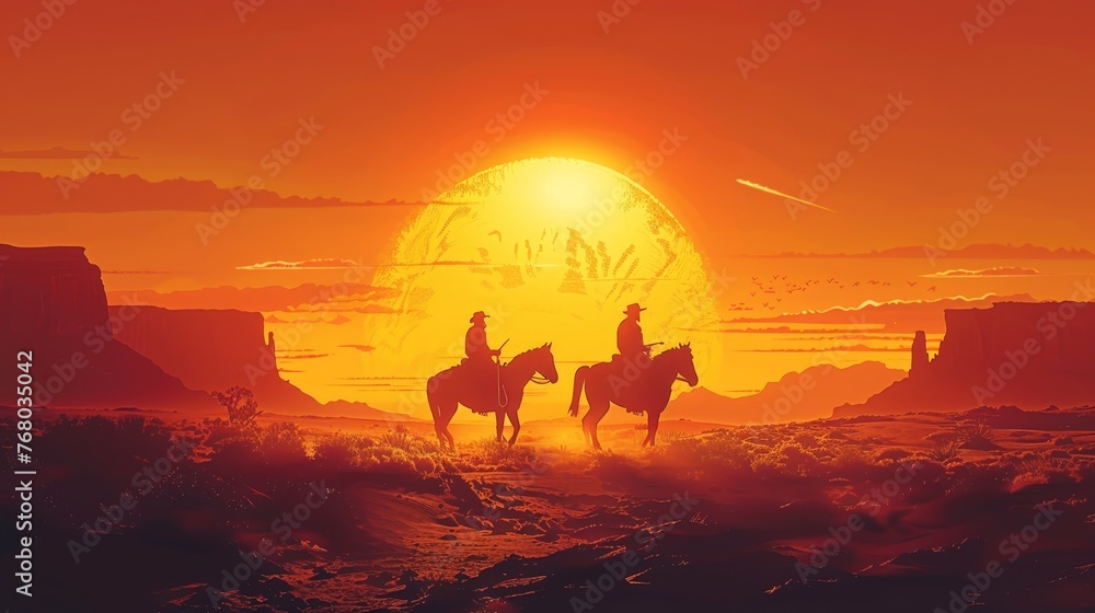 Silhouettes of cowboys on horseback are set against a fiery sunset in the desert, with the sun casting a warm, golden glow over the landscape.