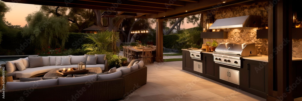 outdoor living room with a built-in kitchen, complete with a barbecue grill, countertop seating, and pendant lights. Generative AI