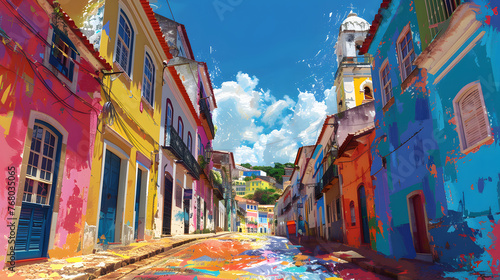 A cobblestone street lined with colorful houses stretches towards the sea.