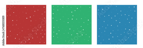White or plus symbols of different sizes and opacity on red, green and blue background. Set of abstract patterns of medical cross or mathematical plus pictogram. Vector illustration.