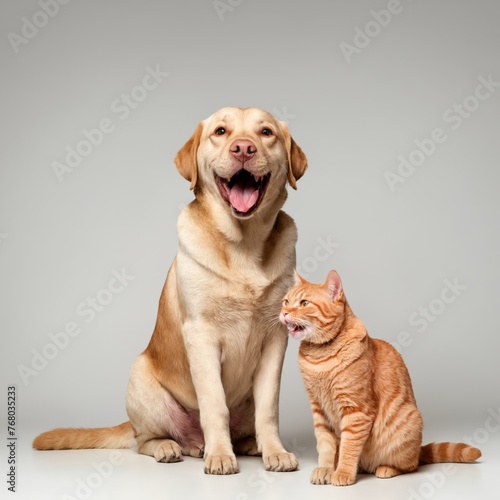 Labrador retriever dog and ginger cat sitting in together isolated on a white background