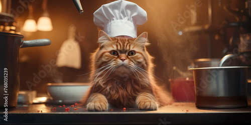 cat wearing a chef's toque and apron, skillfully preparing gourmet dishes in a professional restaurant kitchen. Generative AI