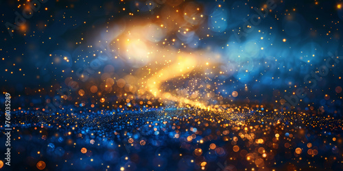 A starry magic trail glowing, A golden trail of light shines on dark blue background,Gold light shine particles,Christmas Golden Star light banner