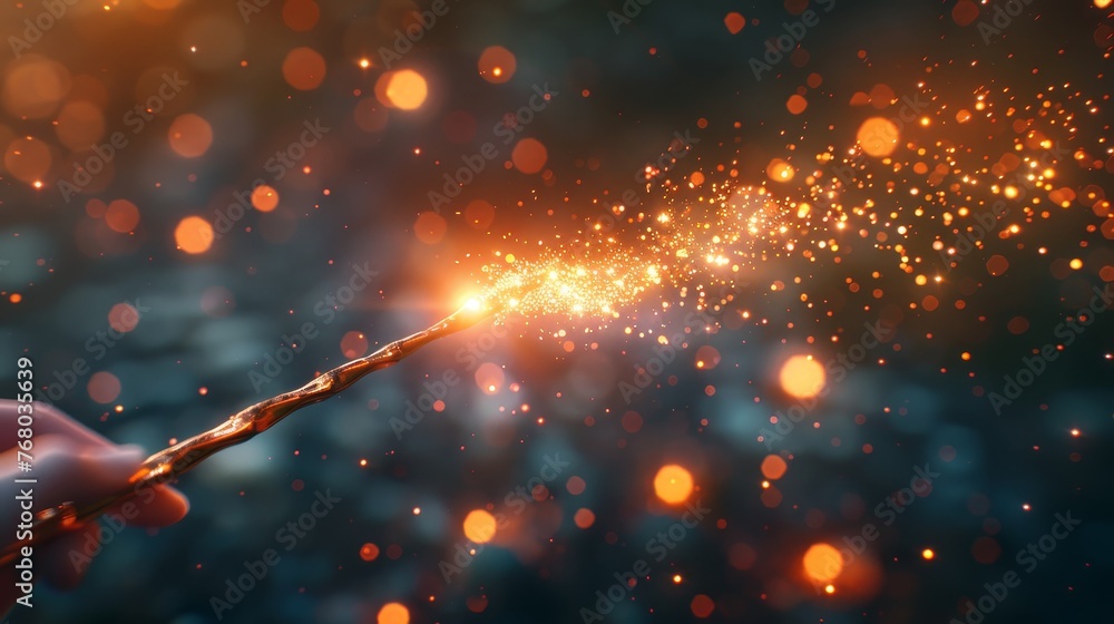 A hand holding a wand that sparks enchanting, fiery particles in a magical and mysterious atmosphere with a deep, bokeh background.