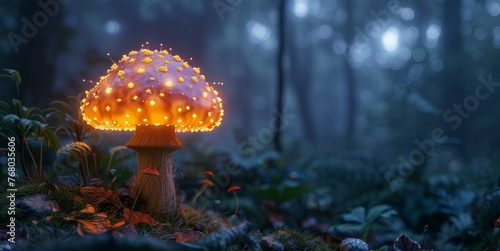 In the twilight hush of the woods, a solitary mushroom glows like a beacon, its cap sprinkled with fairy-tale luminescence.