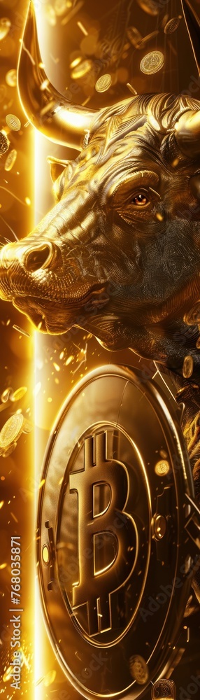Bitcoin bull protecting assets with a shield, golden light, closeup, secure vault setting , super realistic