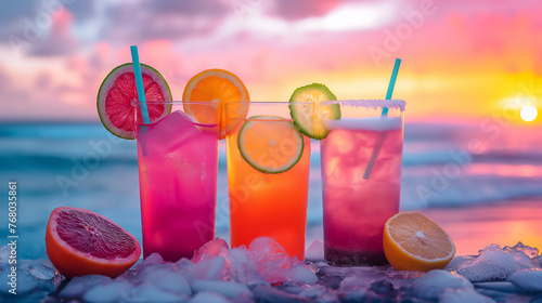 Tree glasses with cold fresh cocktails on beach at sunset. Party on summer holiday. Generative AI
