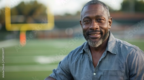 Portrait of male american football coach at the stadium field. photo