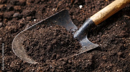A well-used metal shovel rests in loamy soil, ready for gardening tasks in a fertile garden bed. photo