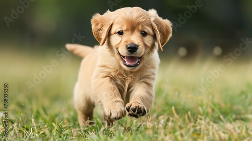 Adorable young dog happily running in lush green grass field, playful pet enjoying outdoor adventure