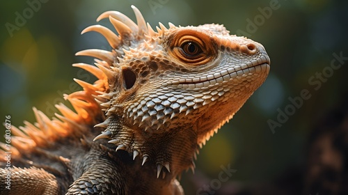 Close up of an iguana, HD photo, blurry background 