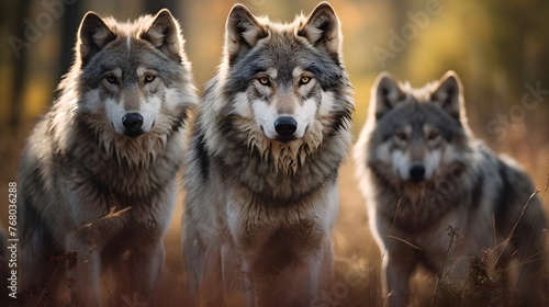 A pack of wolves in the woods, sunlight, bright lighting