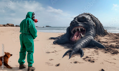 sea ​​monster on the ocean shore, unknown beast or genetic mutation, environmental disaster © Leka
