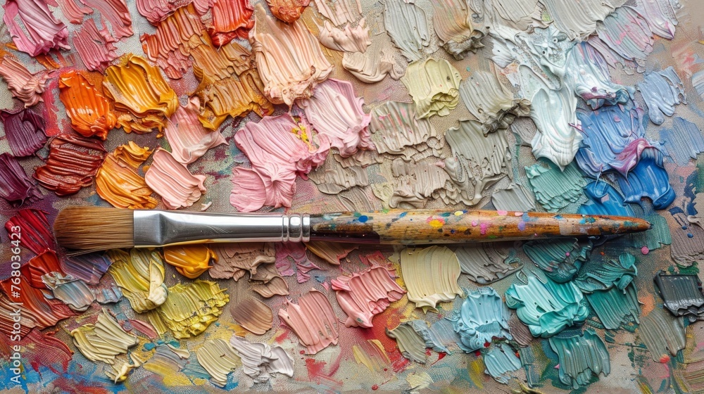 Fototapeta premium A solitary paintbrush rests on a textured canvas painted with a vibrant spectrum of thick, multicolored strokes.