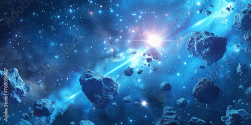 dark blue starry sky with white rays of light , surrounded by floating small rocks and dust particles Explosion , warp space