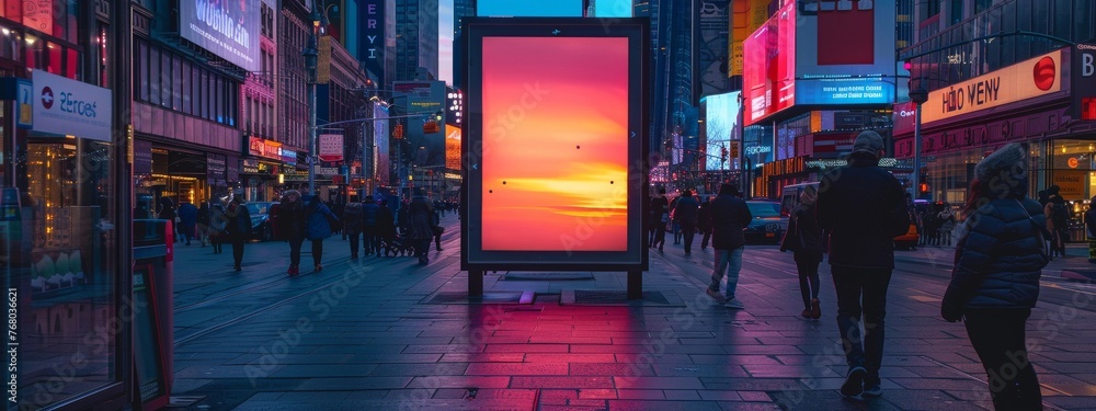 Raising cybersecurity awareness in public spaces, interactive digital billboard in a city square, twilight - obrazy, fototapety, plakaty 