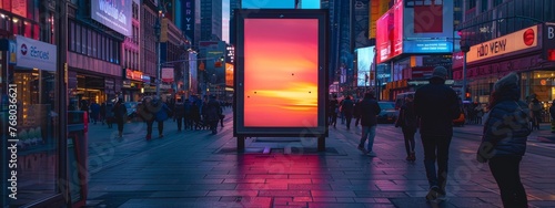 Raising cybersecurity awareness in public spaces, interactive digital billboard in a city square, twilight photo