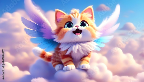 A cat with a large fluffy tail and angel wings flying through the clouds.