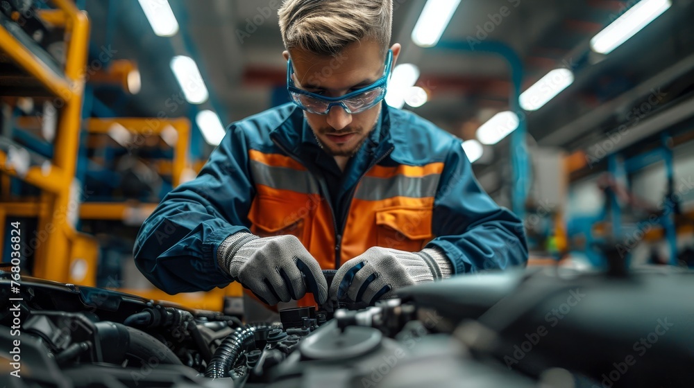 A diligent mechanic wearing safety goggles is engrossed in a complex engine repair task within an industrial garage setting. A diligent mechanic wearing safety goggles is engrossed in a complex engine repair task within an industrial garage setting.