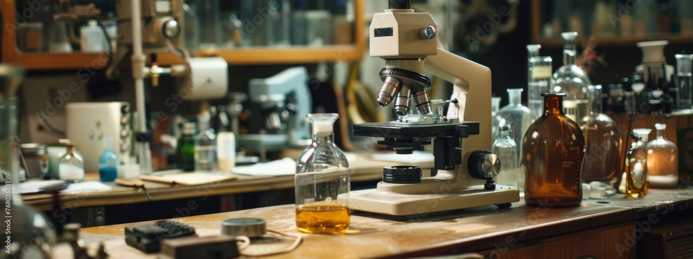 Retro science lab using vintage equipment designs to conduct cutting-edge biotech research.