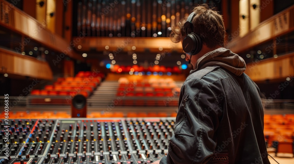 Sound technician with headphones working on a large audio mixer in an empty concert hall with red seats. Sound technician with headphones working on a large audio mixer in an empty concert hall with red seats.