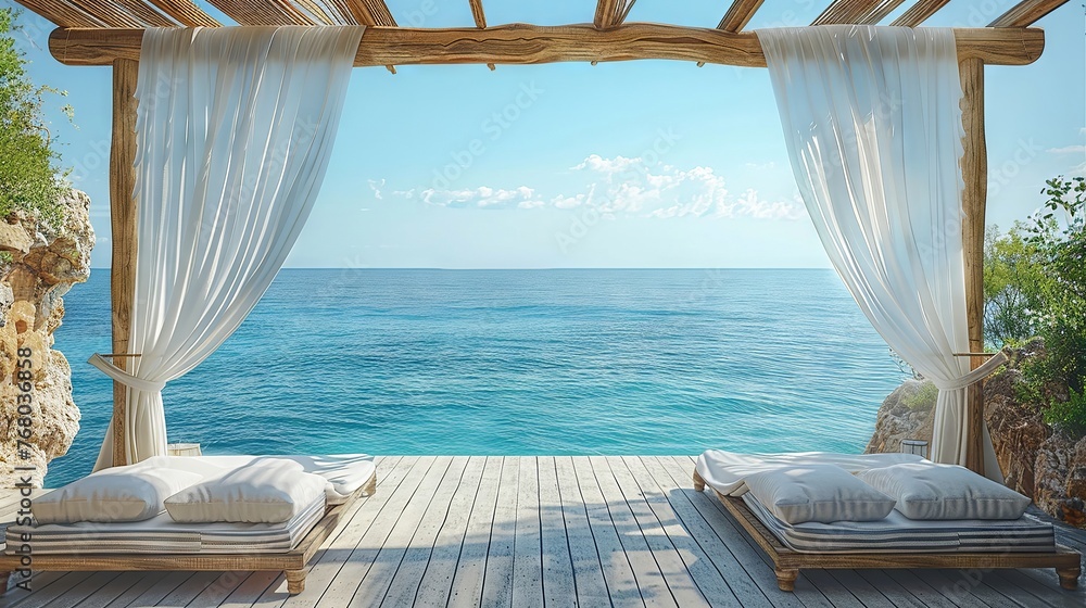 Coastal retreat with a gauzy cabana framing the tranquil sea - obrazy, fototapety, plakaty 