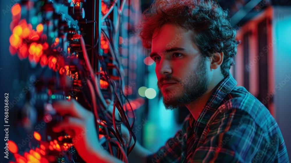 Network technician attentively configuring servers in a data center with vibrant LED indicator lights.