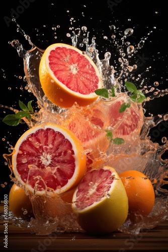 Grapefruit juice splashing along side with fruits on black background still life.