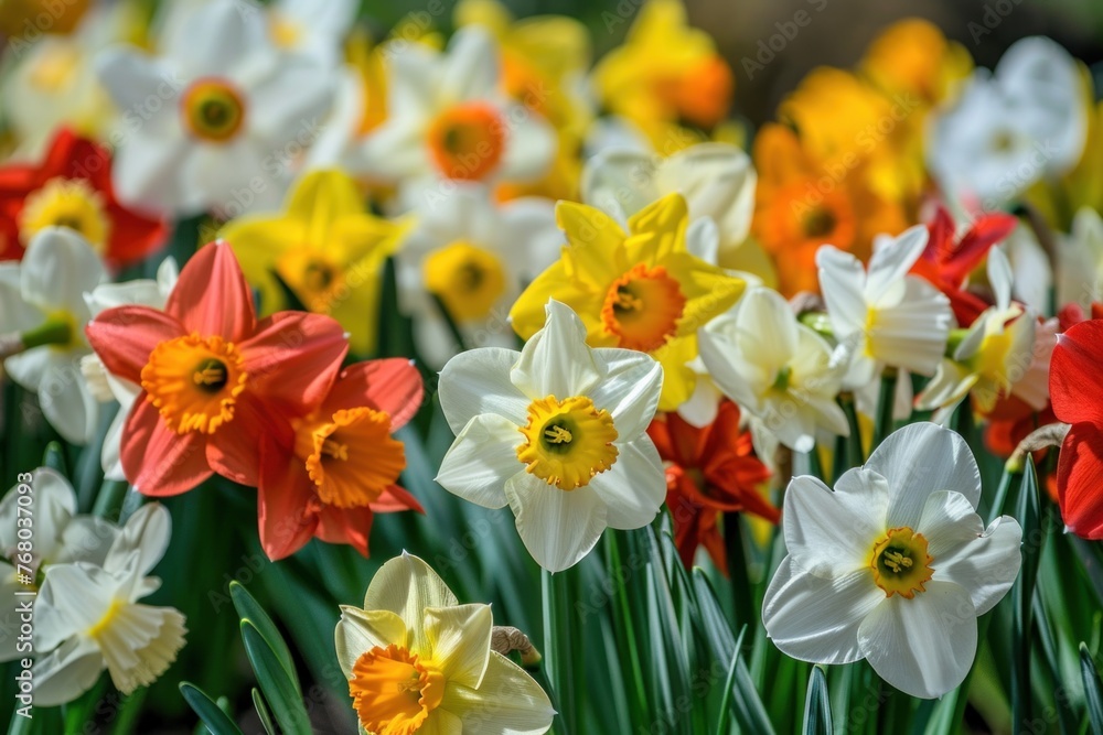 Naklejka premium Assorted colorful daffodils in a bright floral display. Spring flowers