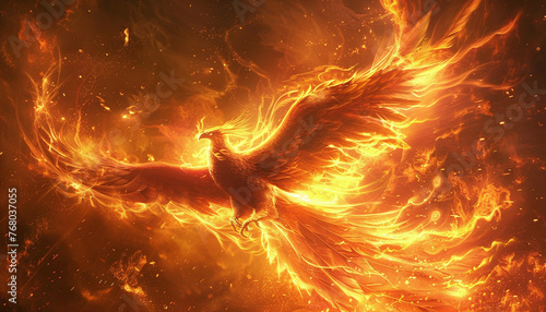 Burning Phoenix Bird: Symbol of Resilience and Renewal, Rising from the Flames. Fiery Phoenix Warrior Concept for Fantasy Wallpaper