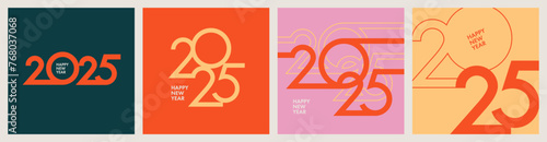 Creative concept of 2025 Happy New Year posters set. Design templates with typography logo 2025 for celebration and season decoration. Minimalistic trendy backgrounds for branding, banner, cover, card © Tanya