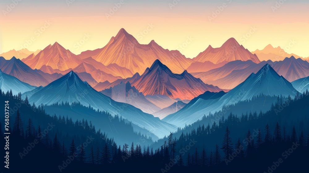 Digital artwork depicting a tranquil mountain range bathed in the warm glow of sunset, with layers of pine forests in the foreground.