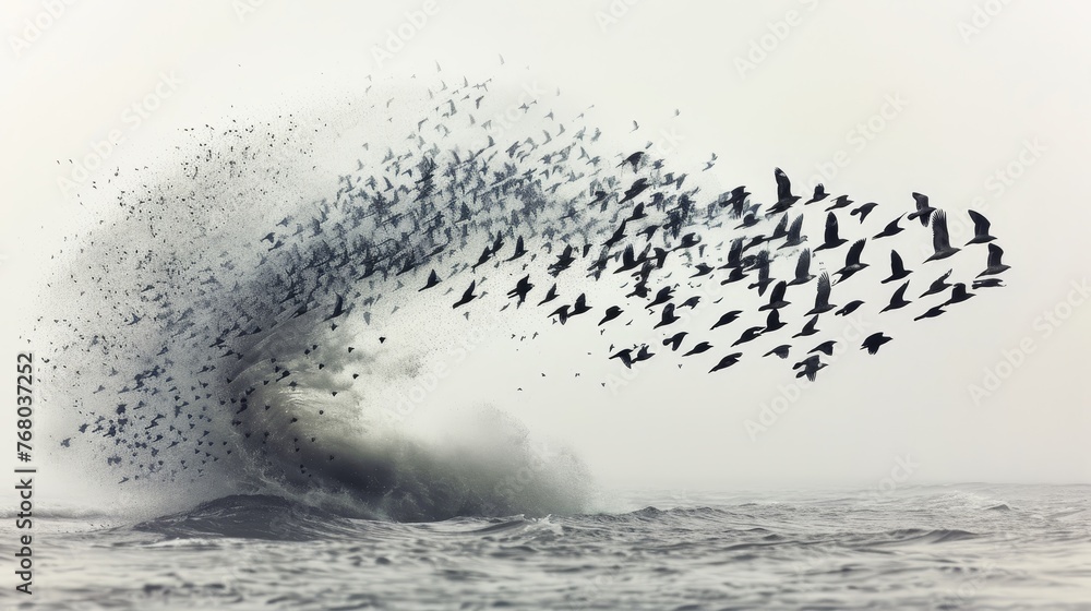 A dramatic burst of birds takes flight from a churning ocean wave, creating a dynamic interplay between sea and wildlife.