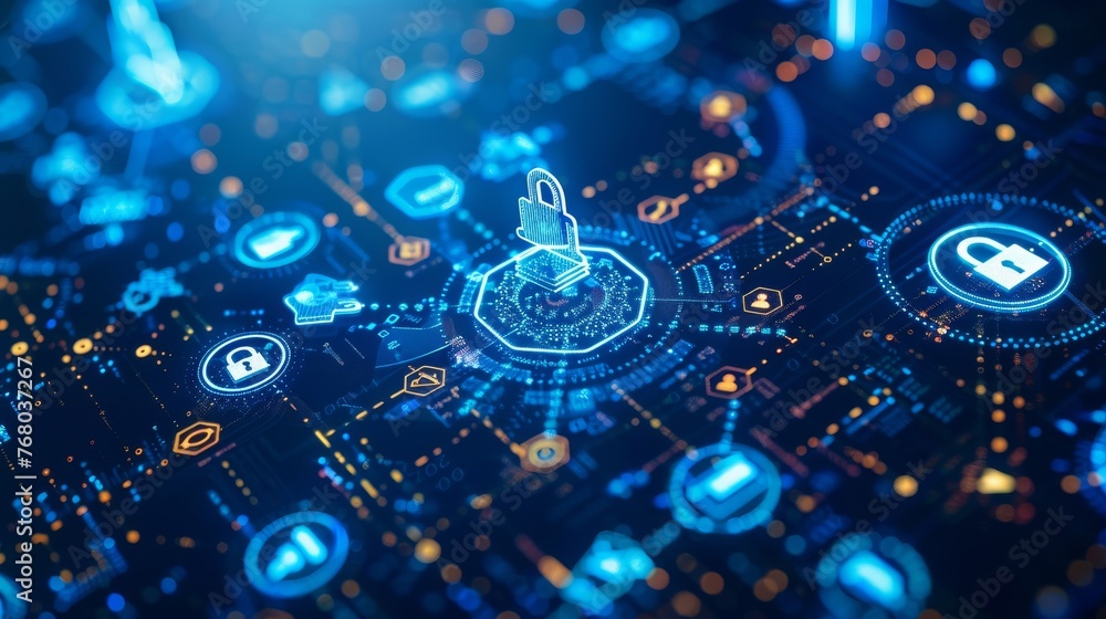 Show a digital ecosystem being infused with icons of locks and legal gavels, representing the integration of cybersecurity regulations into business operations Show a digital ecosystem being infused with icons of locks and legal gavels, representing the integration of cybersecurity regulations into business operations