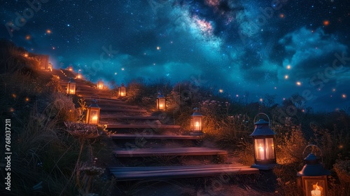 A mystical wooden stairway illuminated by lanterns winds through a lush forest under a starry night sky.