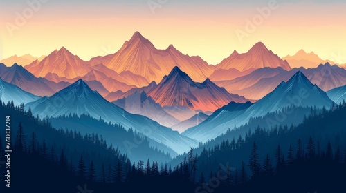 Digital artwork depicting a tranquil mountain range bathed in the warm glow of sunset, with layers of pine forests in the foreground. © Sodapeaw