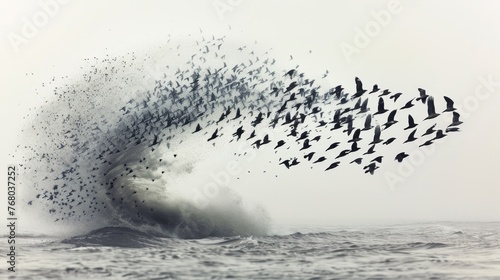 A dramatic burst of birds takes flight from a churning ocean wave, creating a dynamic interplay between sea and wildlife. photo