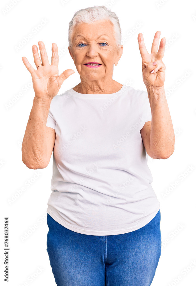Senior beautiful woman with blue eyes and grey hair wearing casual white tshirt showing and pointing up with fingers number seven while smiling confident and happy. Senior beautiful woman with blue eyes and grey hair wearing casual white tshirt showing and pointing up with fingers number seven while smiling confident and happy.