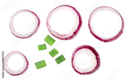 Leek vegetable and sliced red onion isolated on a white background. Top view.