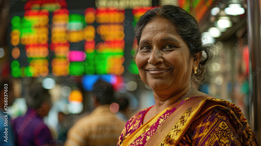 A woman from India at a train station or airport. Blurred dispatch board