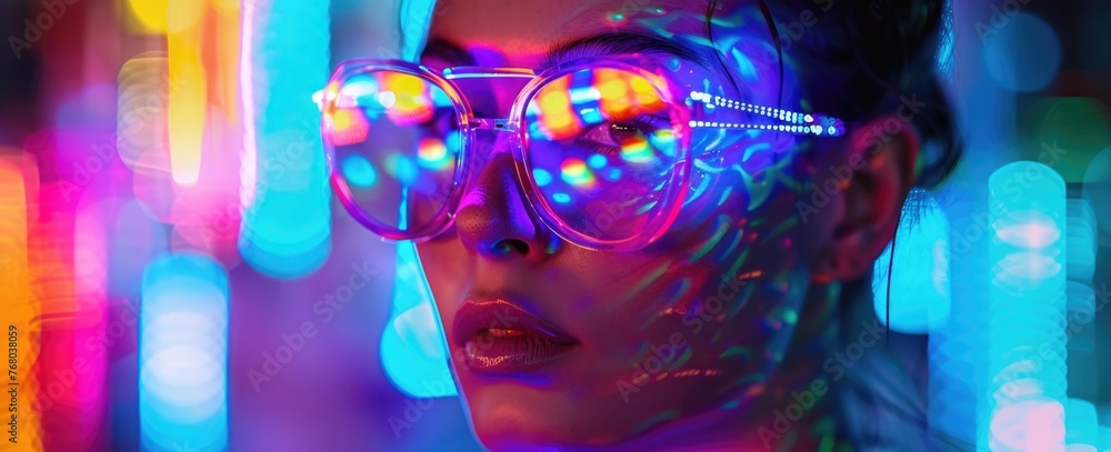 Neon Dreams Portrait, woman's face illuminated by vivid neon lights, reflecting a futuristic vibe with a touch of surrealism