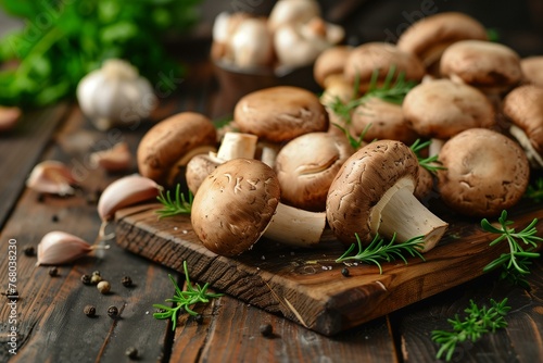 Fresh Cremini Mushrooms With Herbs on Rustic Wood