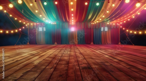 Enchanting Circus Stage Awaiting Performers, vibrant circus stage set under a canopy of lights, evoking anticipation for a magical performance on the warm, wooden floor photo
