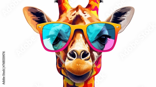 Cartoon colorful giraffe with sunglasses on white background Illustrations .