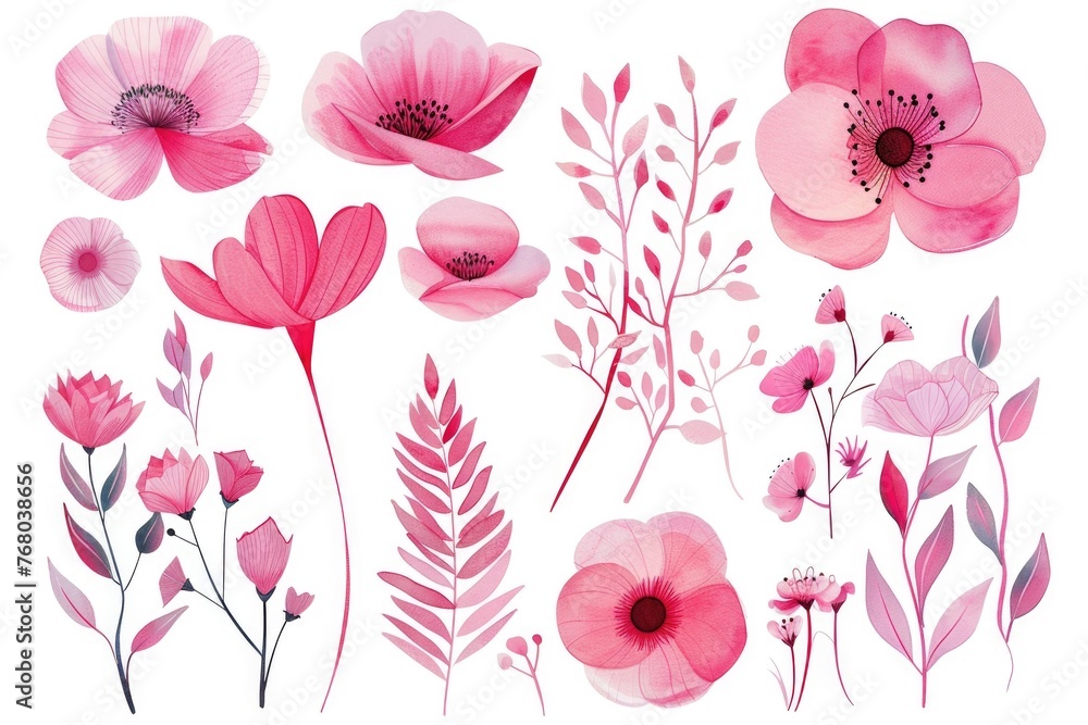 Lively clipart collection of pink florals and foliage in watercolor, ideal for adding a touch of nature to digital designs on a white backdrop