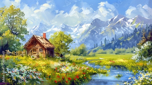 Beautiful rural summer landscape with old wooden houses near the river. Beautiful flowers and trees with mountains